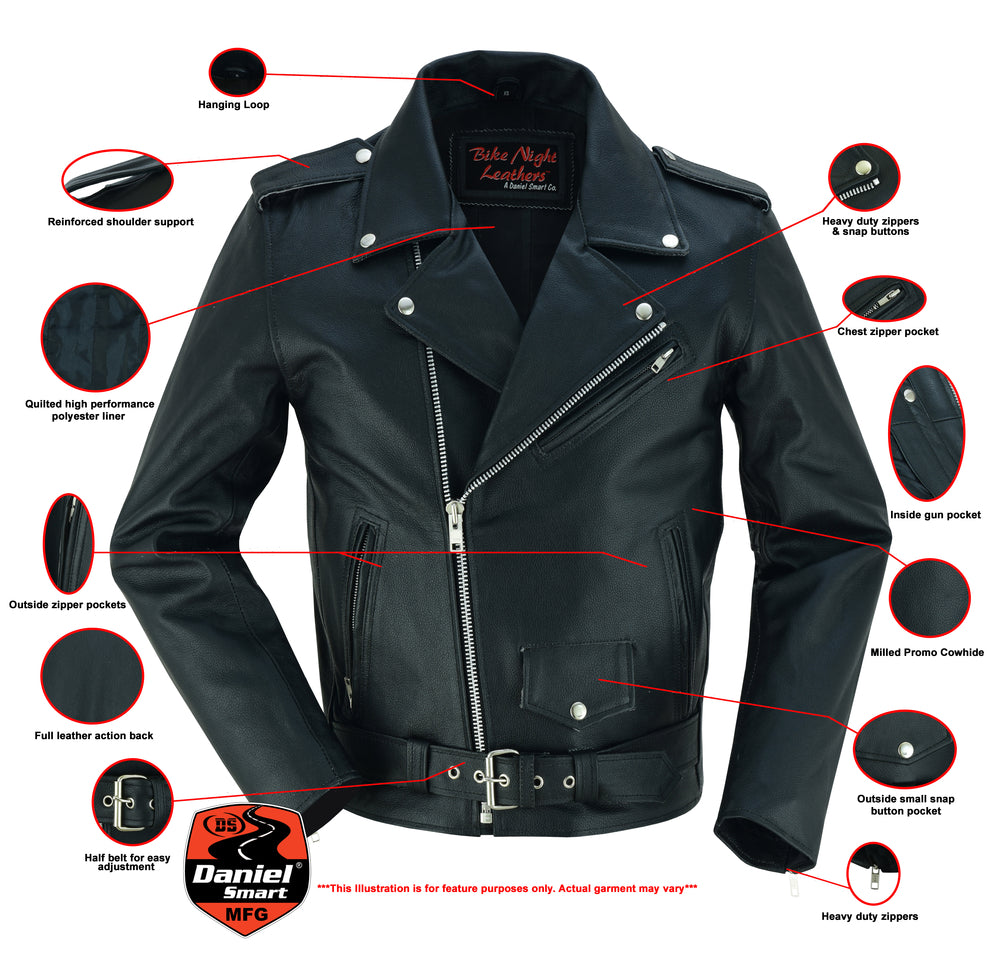 DS710 Economy Motorcycle Classic Biker Leather Jacket - Plain Sides  Thunderbird Speed Shop