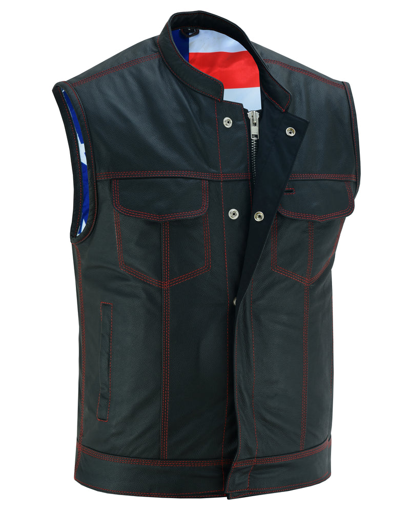 DS165 MEN'S LEATHER VEST WITH RED STITCHING AND USA INSIDE FLAG LININ  Thunderbird Speed Shop