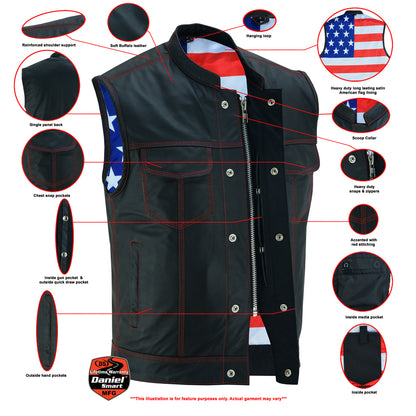 DS165 MEN'S LEATHER VEST WITH RED STITCHING AND USA INSIDE FLAG LININ  Thunderbird Speed Shop