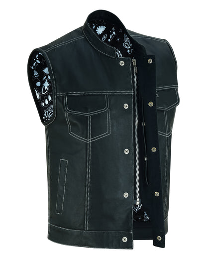 DS164 Men's Paisley Black Leather Motorcycle Vest with White Stitchin  Thunderbird Speed Shop