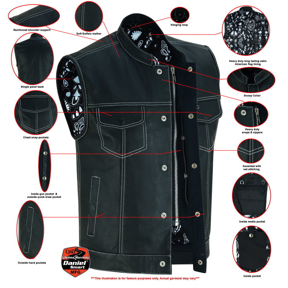 DS164 Men's Paisley Black Leather Motorcycle Vest with White Stitchin  Thunderbird Speed Shop