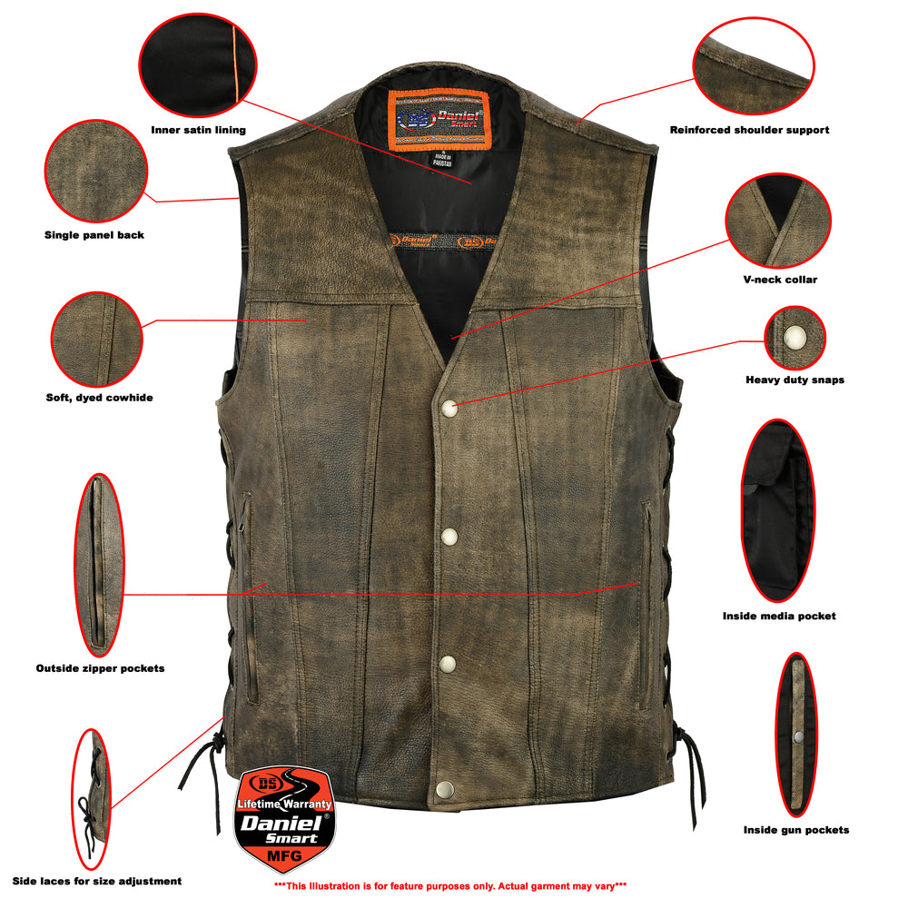 DS107 Men's Antique Brown Single Back Panel Concealed Carry Vest  Thunderbird Speed Shop