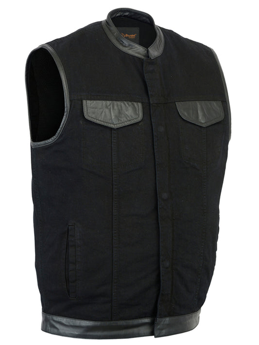 DM992 Men's Black Denim Single Panel Concealment Vest W/ Leather Trim  Thunderbird Speed Shop