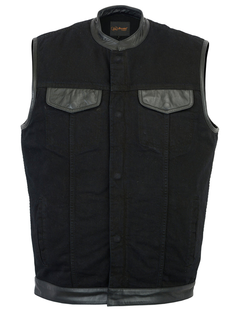 DM992 Men's Black Denim Single Panel Concealment Vest W/ Leather Trim  Thunderbird Speed Shop