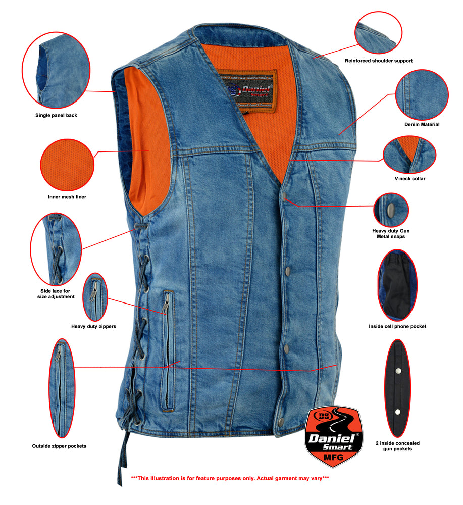 DM905BU    Men's Single Back Panel Concealed Carry Denim Vest  Thunderbird Speed Shop