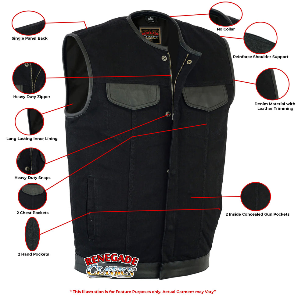 RC991 Men's Black Denim Single Panel Concealment Vest W/Leather  Thunderbird Speed Shop