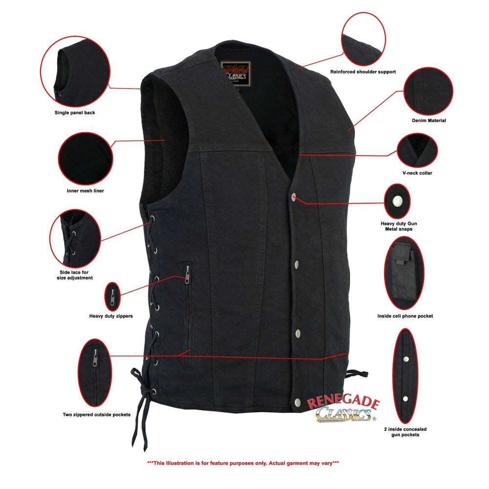 RC905BK Men's Single Back Panel Concealed Carry Denim Vest  Thunderbird Speed Shop