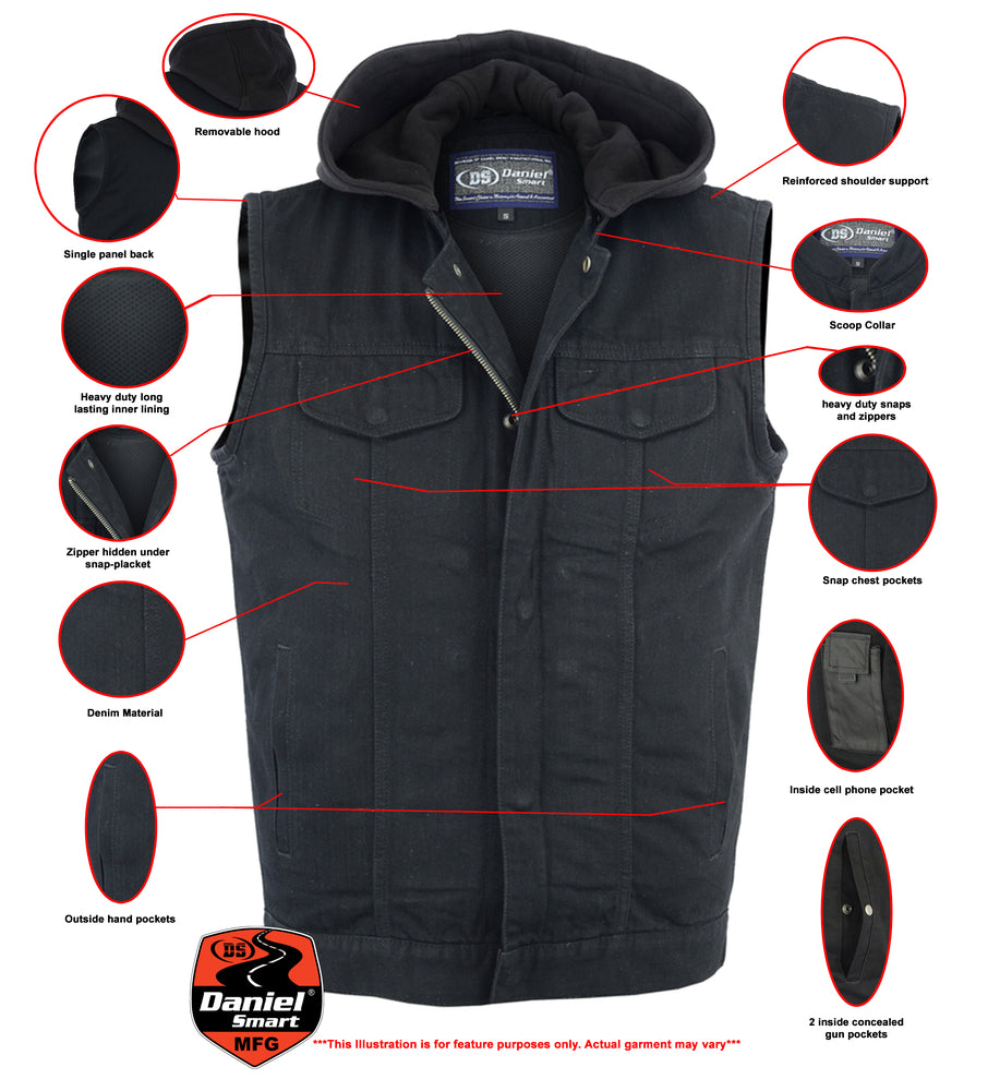 DM982 Men's Black Denim Single Back Panel Concealment Vest w/Rem  Thunderbird Speed Shop