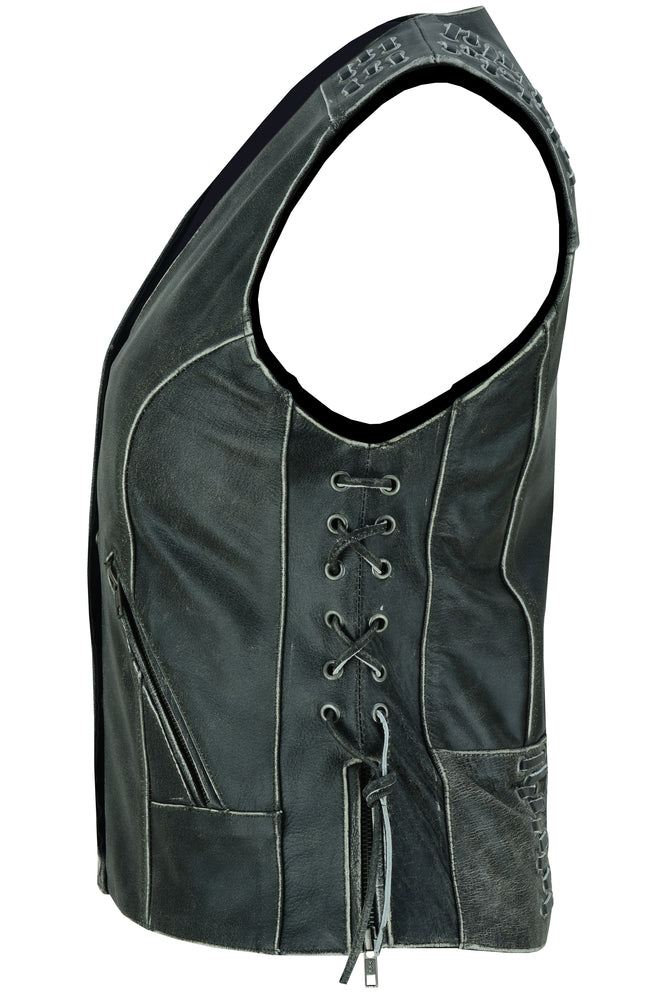 DS285V Women's Gray Vest with Grommet and Lacing Accents  Thunderbird Speed Shop