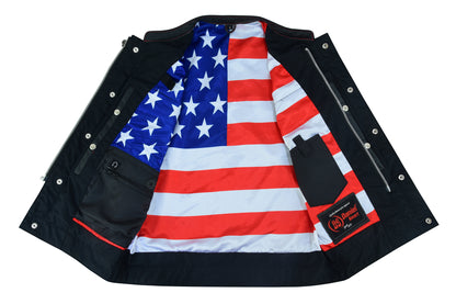 DS165 MEN'S LEATHER VEST WITH RED STITCHING AND USA INSIDE FLAG LININ  Thunderbird Speed Shop