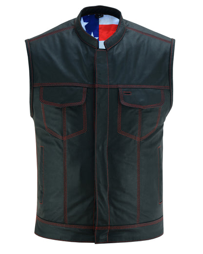 DS165 MEN'S LEATHER VEST WITH RED STITCHING AND USA INSIDE FLAG LININ  Thunderbird Speed Shop