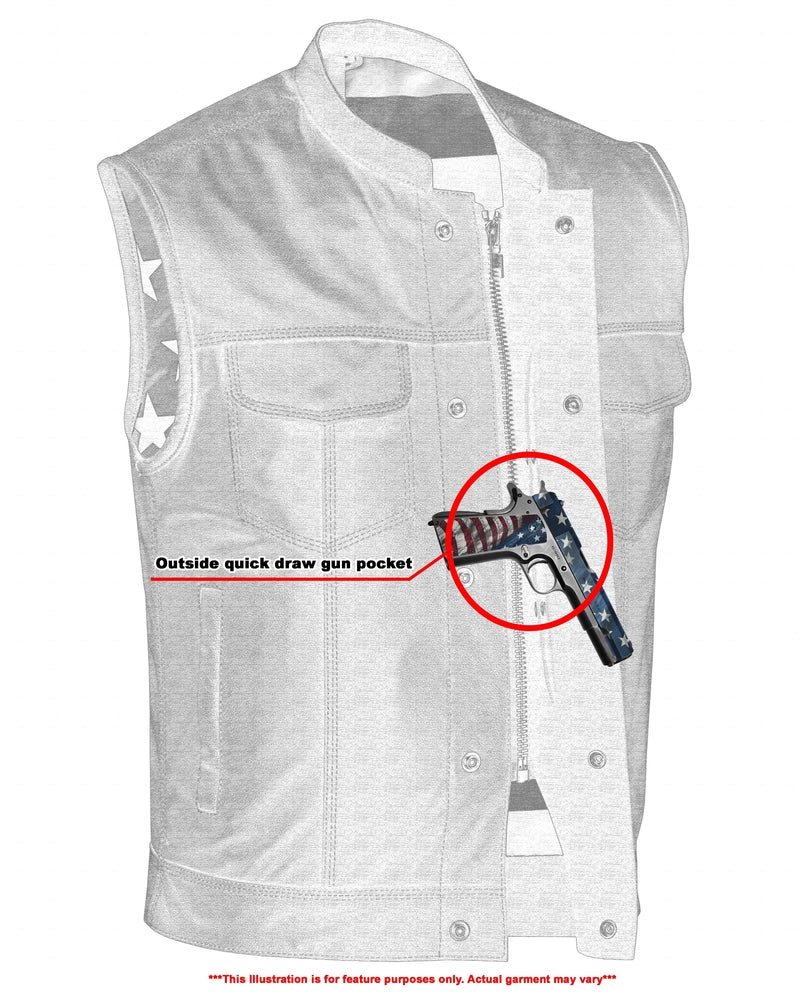 DS165 MEN'S LEATHER VEST WITH RED STITCHING AND USA INSIDE FLAG LININ  Thunderbird Speed Shop