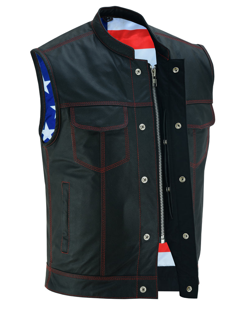 DS165 MEN'S LEATHER VEST WITH RED STITCHING AND USA INSIDE FLAG LININ  Thunderbird Speed Shop