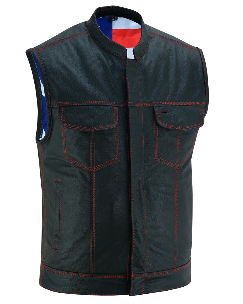 DS165 MEN'S LEATHER VEST WITH RED STITCHING AND USA INSIDE FLAG LININ  Thunderbird Speed Shop