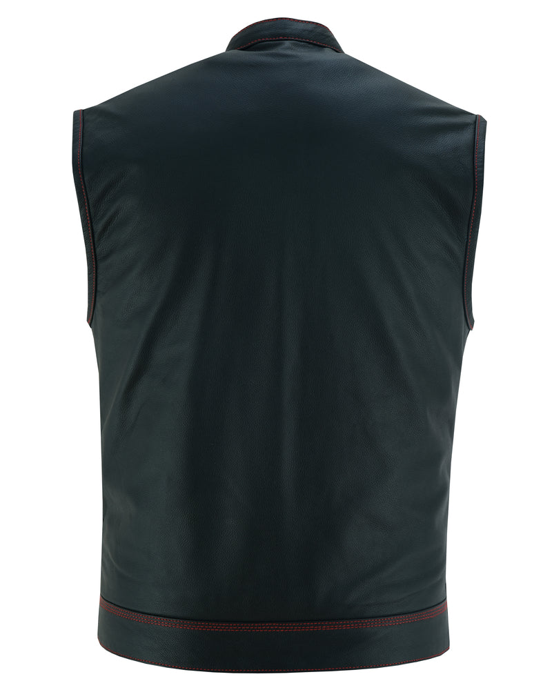 DS165 MEN'S LEATHER VEST WITH RED STITCHING AND USA INSIDE FLAG LININ  Thunderbird Speed Shop