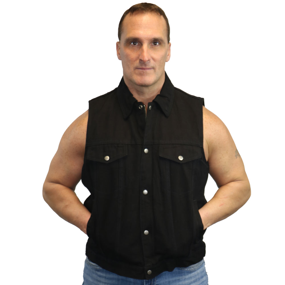 DM979BK Snap/Zipper Front Denim Vest- Black  Thunderbird Speed Shop