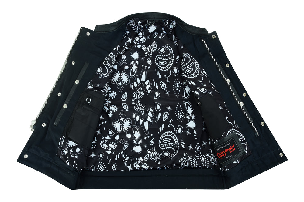 DS164 Men's Paisley Black Leather Motorcycle Vest with White Stitchin  Thunderbird Speed Shop