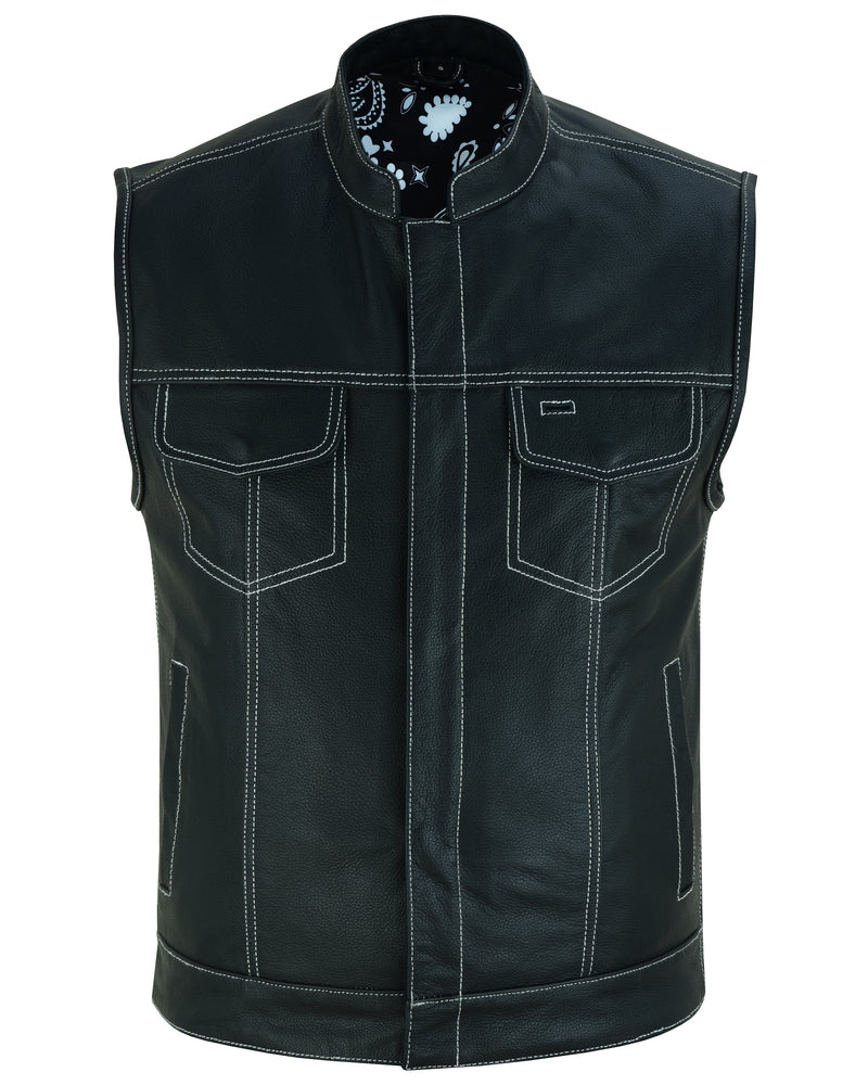 DS164 Men's Paisley Black Leather Motorcycle Vest with White Stitchin  Thunderbird Speed Shop