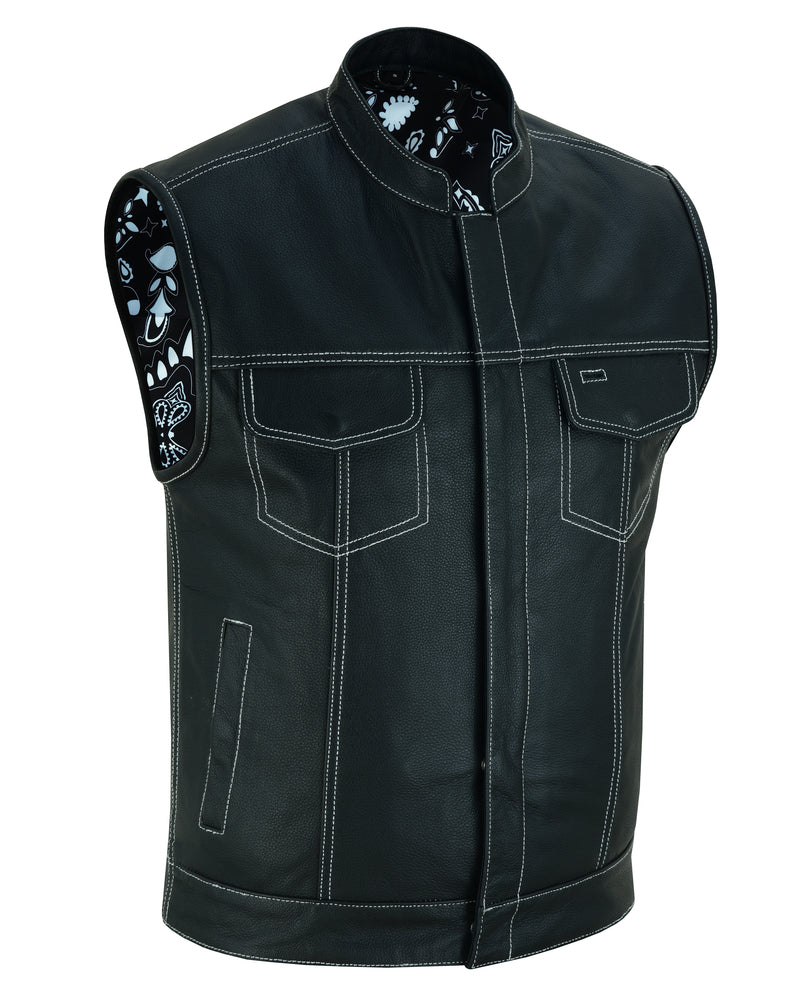 DS164 Men's Paisley Black Leather Motorcycle Vest with White Stitchin  Thunderbird Speed Shop