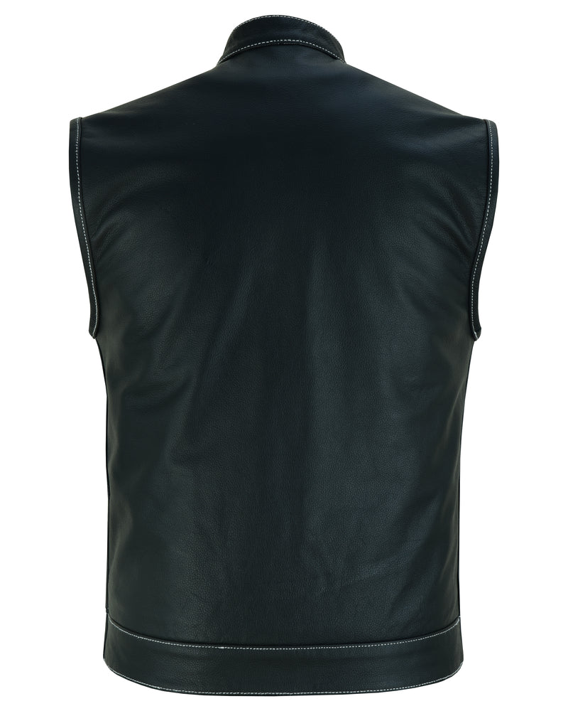 DS164 Men's Paisley Black Leather Motorcycle Vest with White Stitchin  Thunderbird Speed Shop