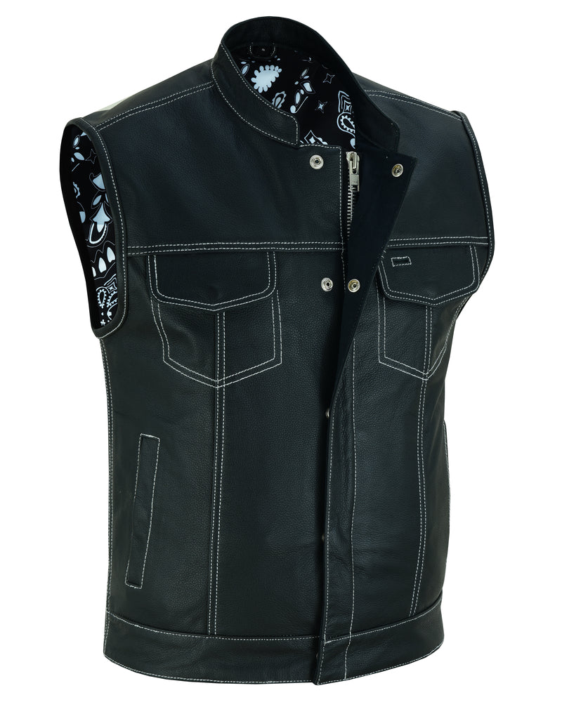 DS164 Men's Paisley Black Leather Motorcycle Vest with White Stitchin  Thunderbird Speed Shop