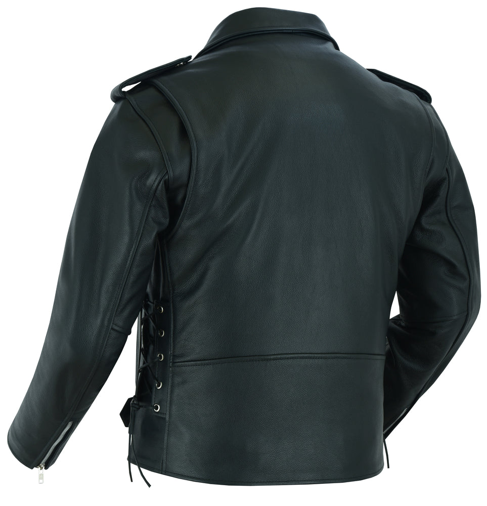 DS711 Economy Motorcycle Classic Biker Leather Jacket - Side Laces  Thunderbird Speed Shop