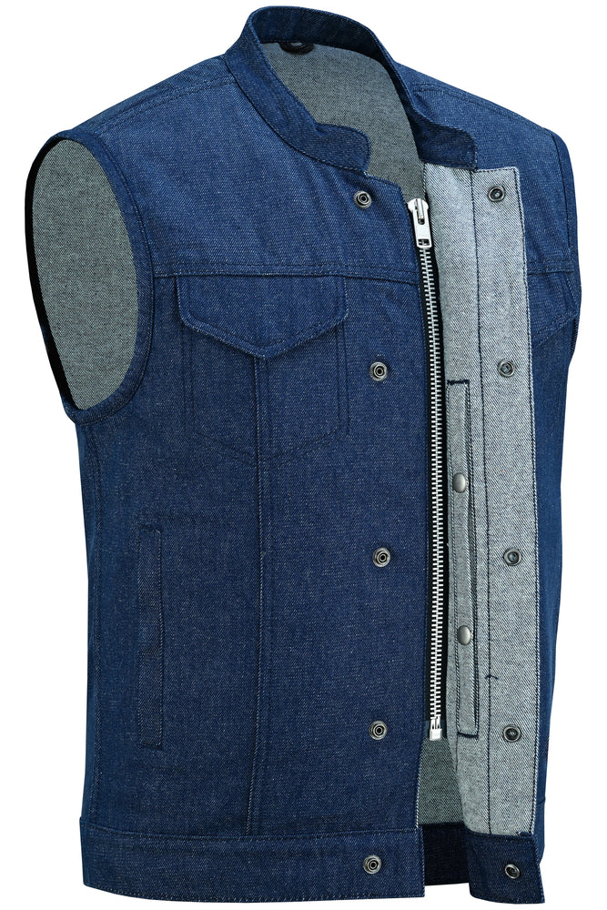 DM976 Men's Blue Rough Rub-Off Raw Finish Denim Vest  Thunderbird Speed Shop