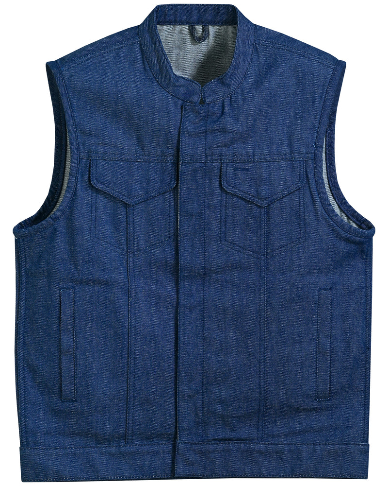 DM976 Men's Blue Rough Rub-Off Raw Finish Denim Vest  Thunderbird Speed Shop