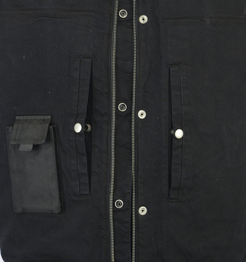 DM992 Men's Black Denim Single Panel Concealment Vest W/ Leather Trim  Thunderbird Speed Shop