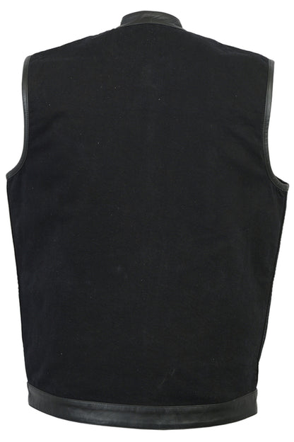 DM992 Men's Black Denim Single Panel Concealment Vest W/ Leather Trim  Thunderbird Speed Shop