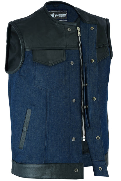 DM933 Men's Leather/Denim Combo Vest (Black/Broken Blue)  Thunderbird Speed Shop