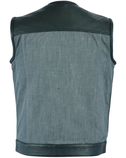 DM934 Men's Perforated Leather/Denim Combo Vest (Black/ Ash Gray)  Thunderbird Speed Shop