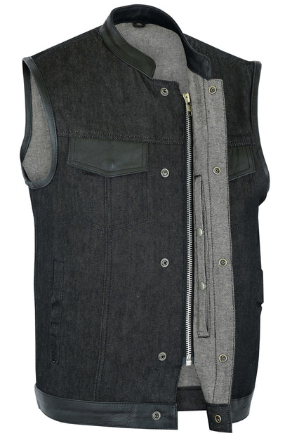 DM962 Men's Rough Rub-Off Raw Finish Denim Vest W/Leather Trim - Scoo  Thunderbird Speed Shop