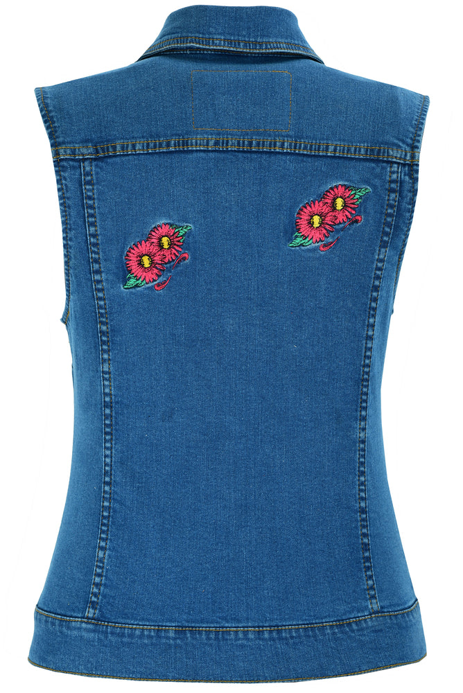 DM944 Women's Blue Denim Snap Front Vest with Red Daisy  Thunderbird Speed Shop