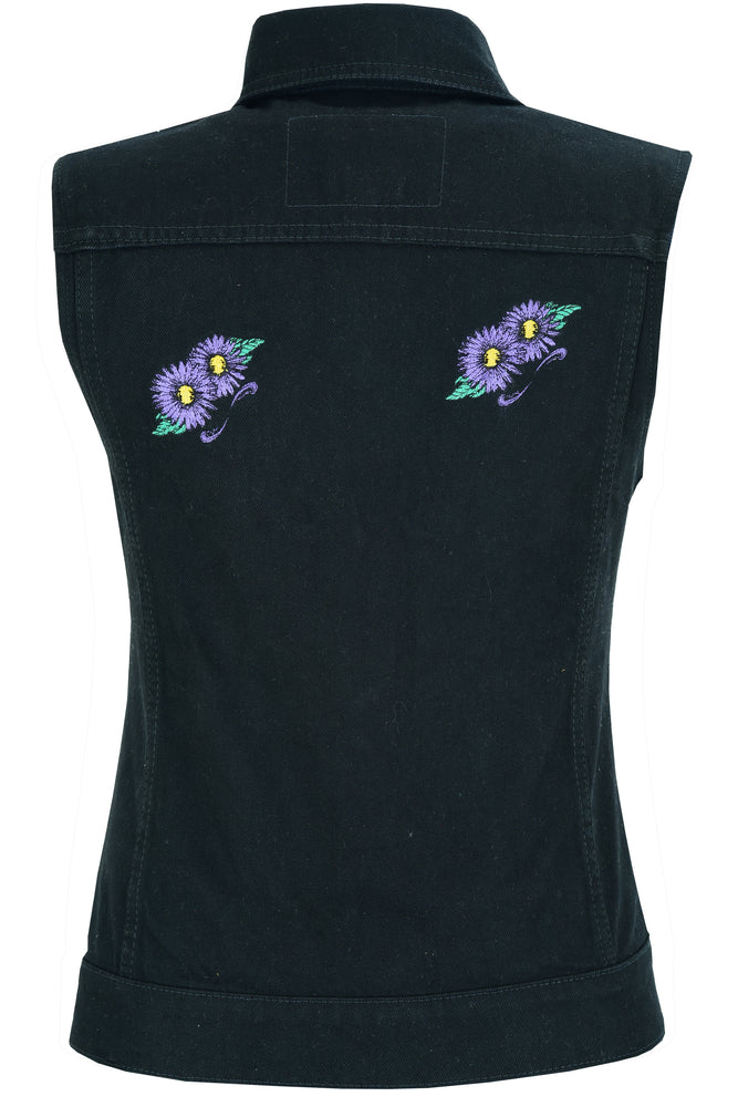 DM945 Women's Black Denim Snap Front Vest with Purple Daisy  Thunderbird Speed Shop