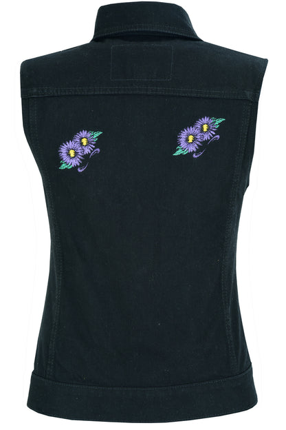 DM945 Women's Black Denim Snap Front Vest with Purple Daisy  Thunderbird Speed Shop