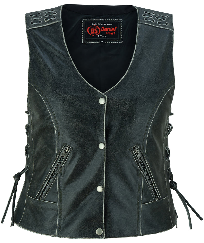 DS285V Women's Gray Vest with Grommet and Lacing Accents  Thunderbird Speed Shop