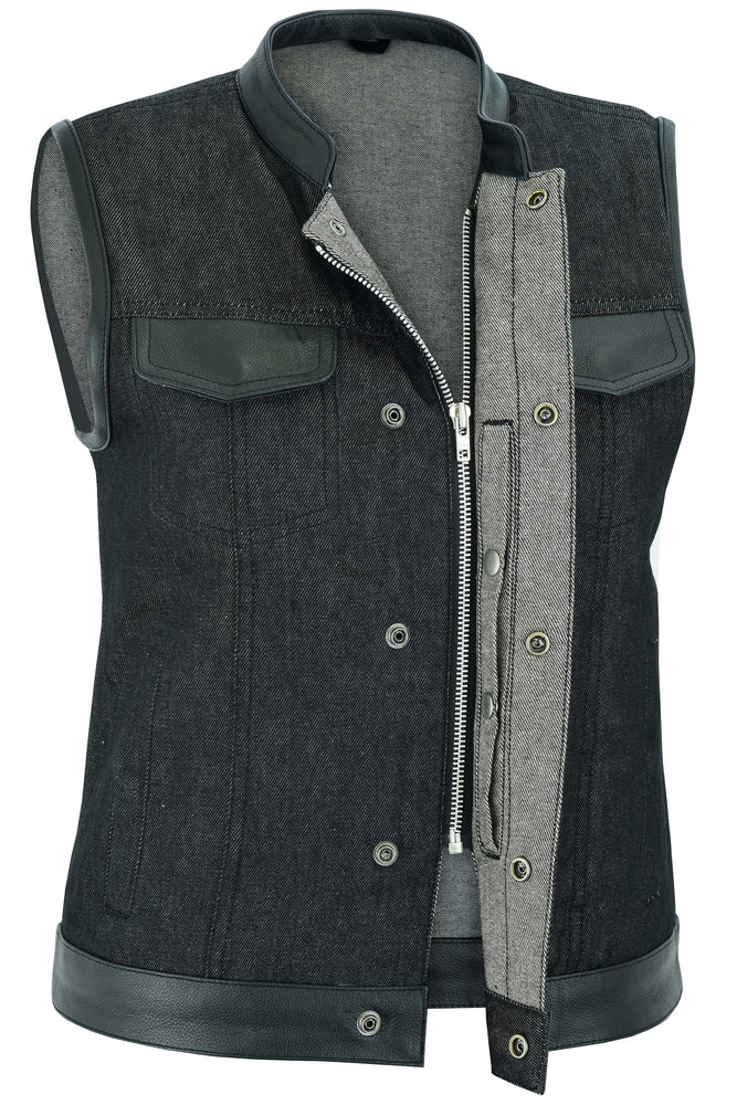 DM963 Women's Rough Rub-Off Raw Finish Denim Vest W/Leather Trim  Thunderbird Speed Shop