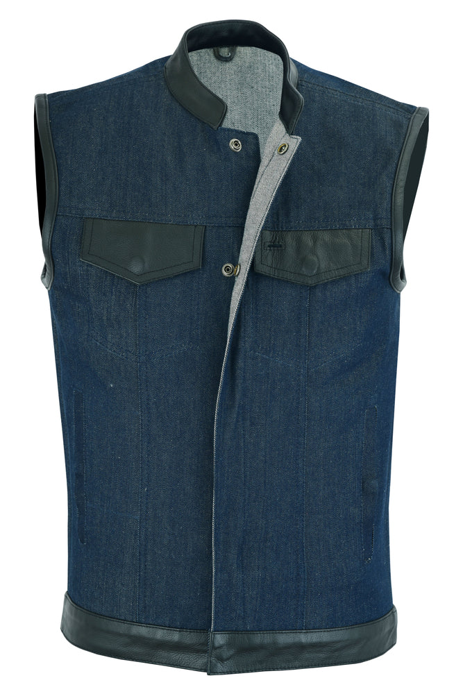 DM961 Men's Broken Blue RoughRub-Off Raw Finish Denim Vest W/Leather  Thunderbird Speed Shop