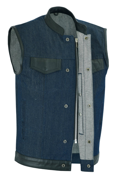 DM961 Men's Broken Blue RoughRub-Off Raw Finish Denim Vest W/Leather  Thunderbird Speed Shop