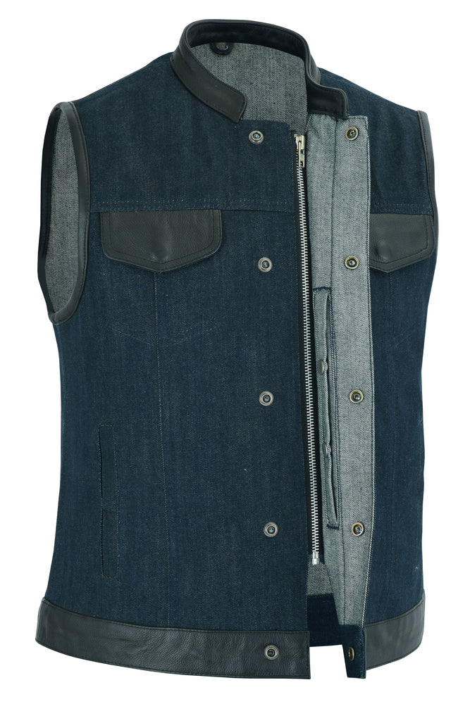 DM964 Women's Broken Blue Rough Rub-Off Raw Finish Denim Vest W/Leath  Thunderbird Speed Shop