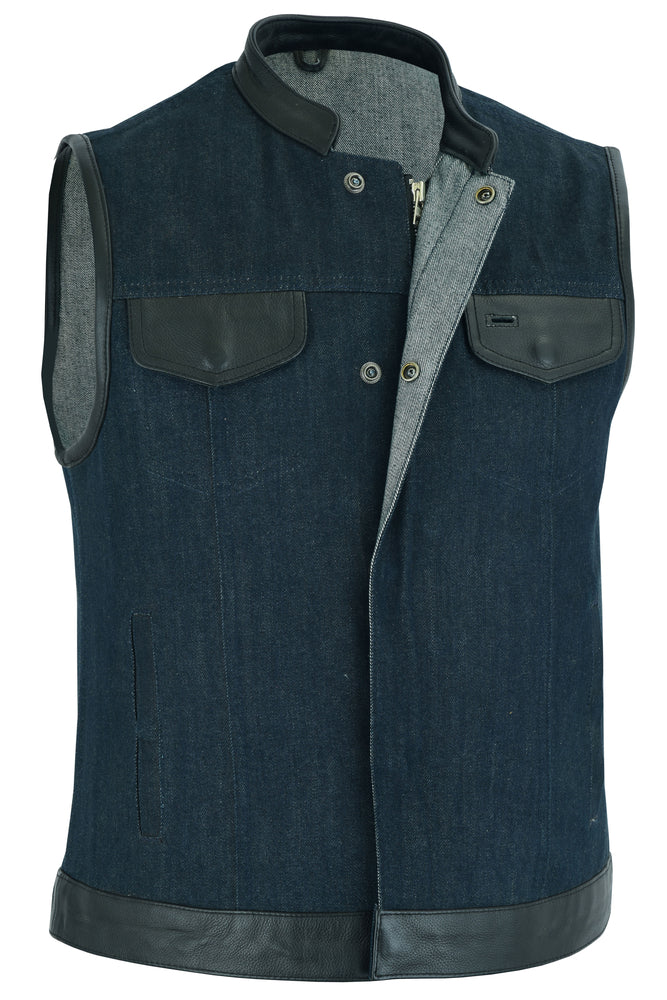 DM964 Women's Broken Blue Rough Rub-Off Raw Finish Denim Vest W/Leath  Thunderbird Speed Shop