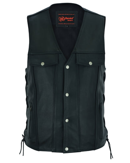 DS124 Men's Black Leather Vest with Side Laces and Gun Pockets  Thunderbird Speed Shop