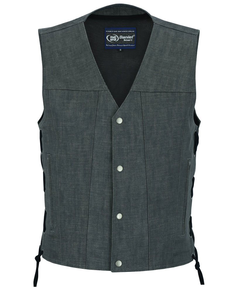 DM918 Men's Rough Rub-Off Raw Finish Broken Gray Denim Vest  Thunderbird Speed Shop