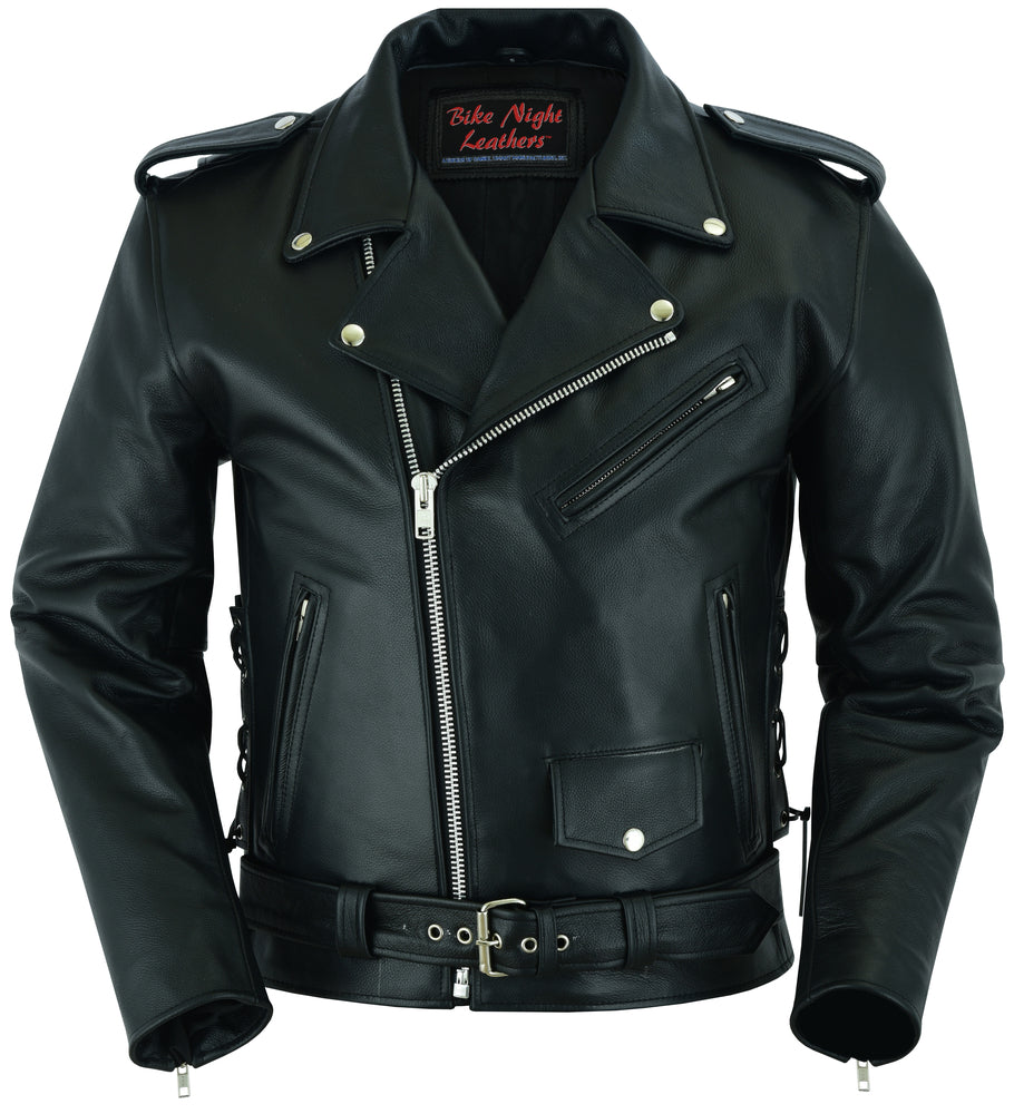 DS711 Economy Motorcycle Classic Biker Leather Jacket - Side Laces  Thunderbird Speed Shop