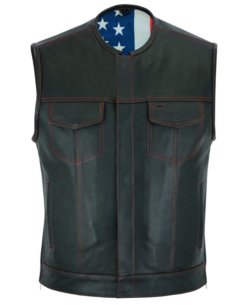 DS155 Men's Leather Vest with Red Stitching and USA Inside Flag Linin  Thunderbird Speed Shop