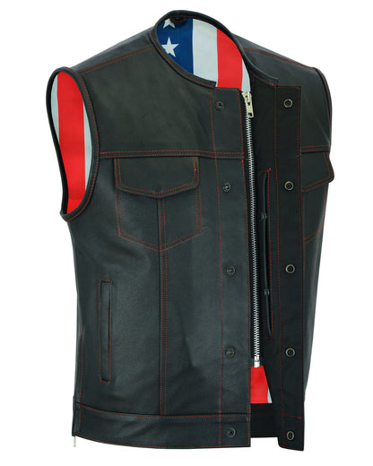 DS155 Men's Leather Vest with Red Stitching and USA Inside Flag Linin  Thunderbird Speed Shop