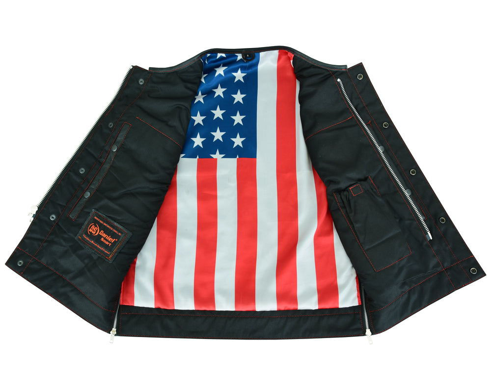 DS155 Men's Leather Vest with Red Stitching and USA Inside Flag Linin  Thunderbird Speed Shop