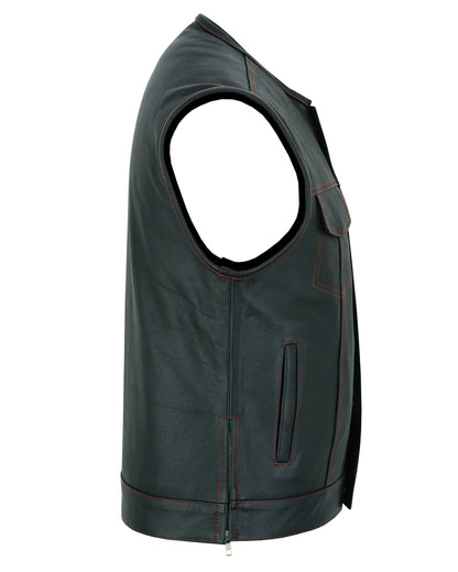 DS155 Men's Leather Vest with Red Stitching and USA Inside Flag Linin  Thunderbird Speed Shop